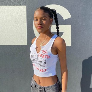 Alphabet Tank Top背心 Cropped Racer White Print Skull Neck