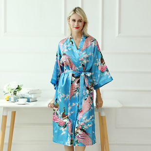 Peacock long pajamas women's satin loungewear thin bathrobe