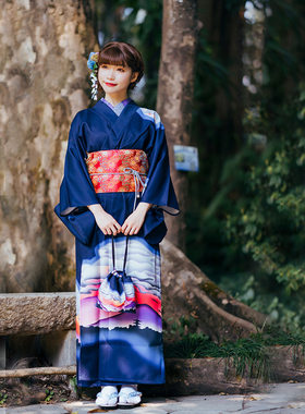新款少女日本浴衣温柔复古日系改良宝蓝色和服和服正装