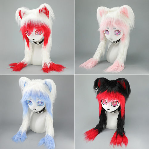 洛丽塔猫耳cos毛绒辫子兽头漫展福瑞cos服头套kig系兽装兽头成品