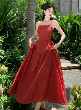 实拍ilessisWANG4米用料莱赛尔大摆吊带连衣裙显白法式长裙