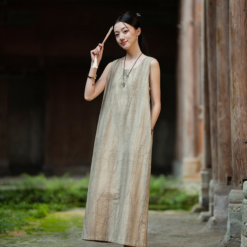 文艺宽松苎麻无袖连衣裙