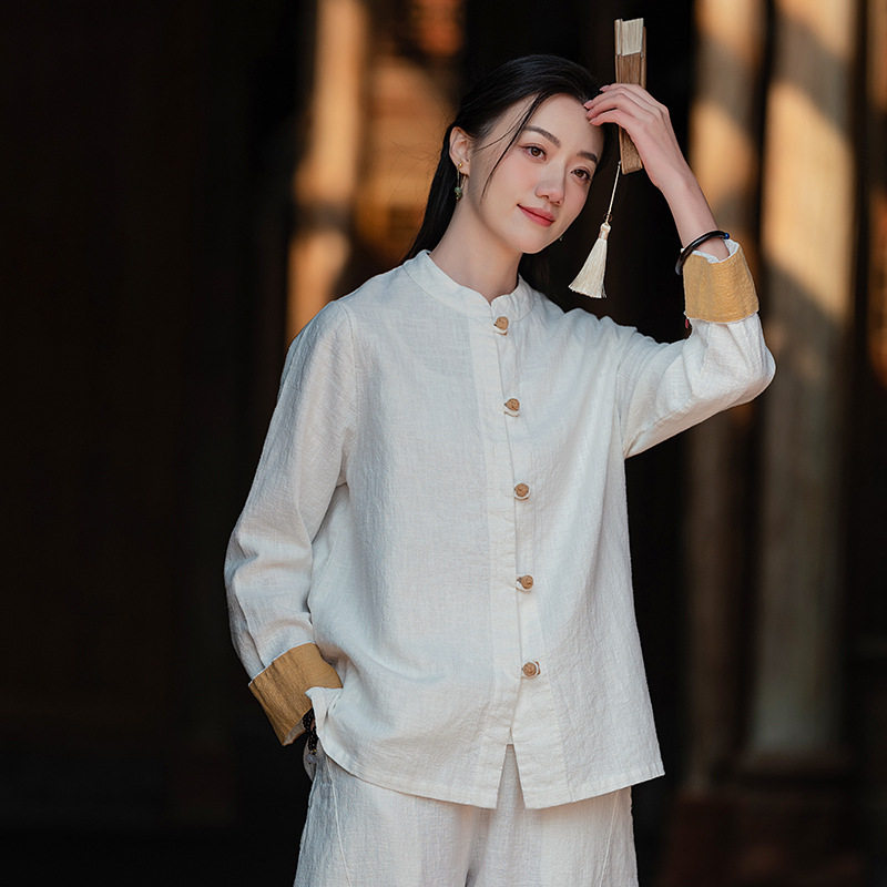 中式棉麻女装拼色盘扣衬衫复古亚麻上衣茶服女禅意中山装国风