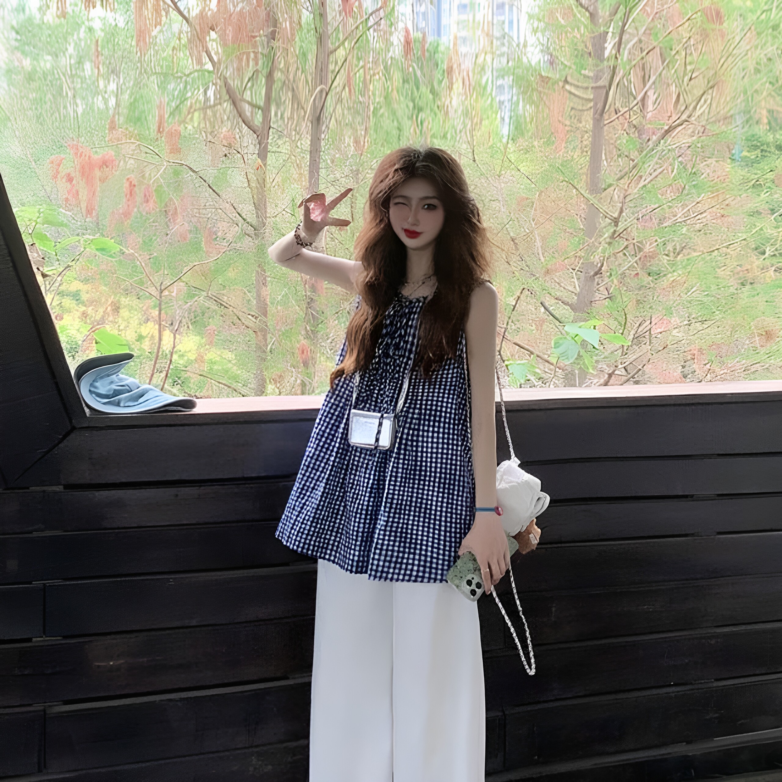 蓝格纹无袖小衫女夏装背心外穿A
