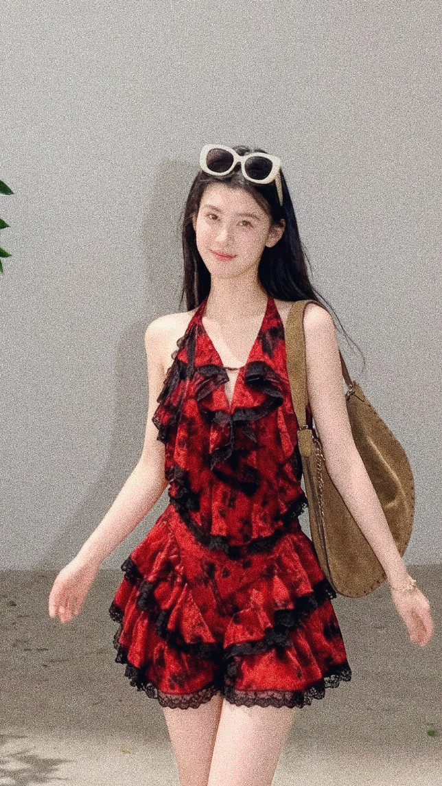 红裙红玫瑰重工蕾丝拼接RECALDID