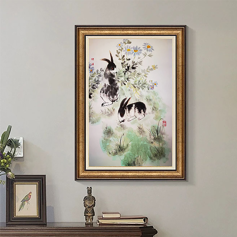 手绘水墨国画生肖双兔子图新中式卧室客厅餐厅无框竖版装饰画挂画