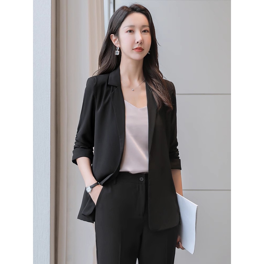 日本品质小西装外套女通勤薄款2025新款百搭七分袖黑色小个子雪纺