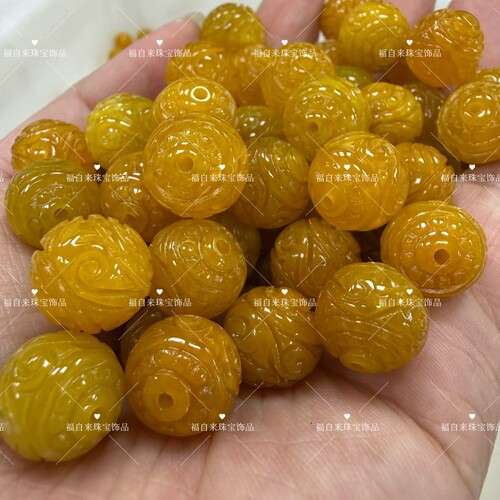 黄翡翠玉回纹珠玉石散回纹龙珠手链项链隔珠diy饰品配件圆珠