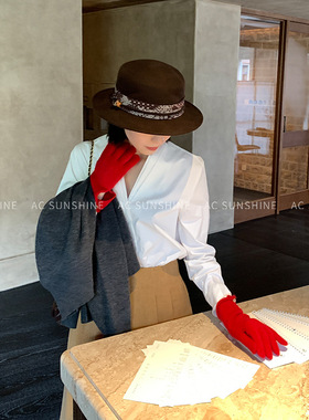 AC Sunshine甄选纯棉简约设计感衬衫女V领秋冬通勤叠穿上衣H19252