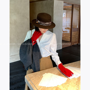 AC Sunshine甄选纯棉简约设计感衬衫女V领秋冬通勤叠穿上衣H19252