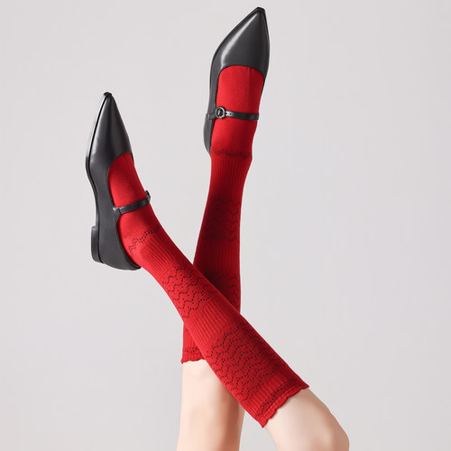 2双装 冬季细羊毛日式镂空纹小腿袜可堆堆女大红色本命年DF