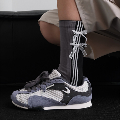 ZeroG[甜妹硬通货]秋冬新款蝴蝶结堆堆袜黑灰拼色棉中筒袜女