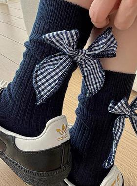 2双装 miu风蓝色系堆堆蝴蝶结中筒袜春夏格纹复古翻边袜口