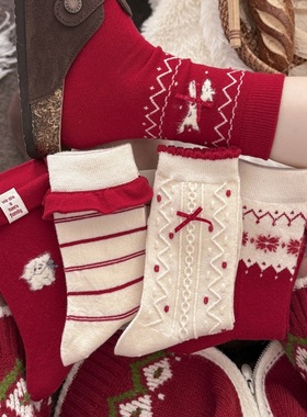 2026新年大红保暖羊毛袜蝴蝶结条纹卡通马年红色堆堆中筒袜女DF