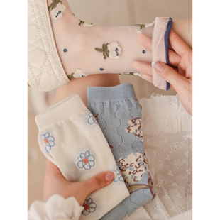 3双装 夏季复古民国名伶风中筒袜泡泡口千金感茶歇花卉桔梗法式