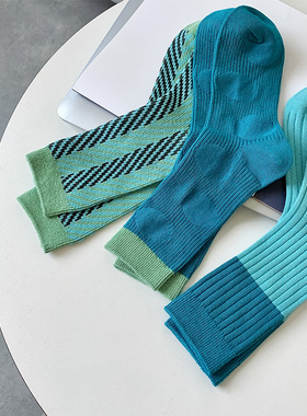 3双装 蓝色系拼接袜子女双针中筒潮袜