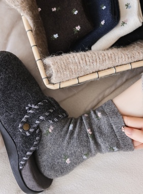 藏在裙摆间的优雅心机2025冬季法式黑色小碎花羊毛保暖中筒袜DF