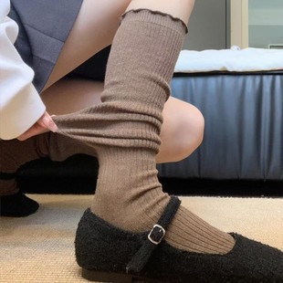 咖啡灰色可堆堆DF 美拉德小腿袜子纯色花边女款 2双装 秋季