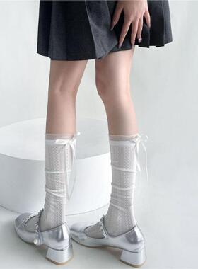 2双装 新品夏季薄日系透气网眼堆堆小腿袜后跟飘带蝴蝶结蕾丝边