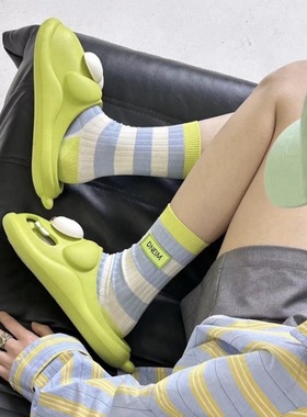 2双装 春夏季薄款蓝色系条纹运动中筒袜