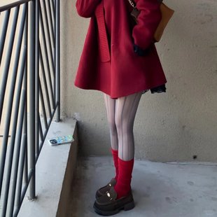 节日 秋冬红色慵懒堆堆显瘦羊毛小腿袜ins简约保暖袜女DF 角落