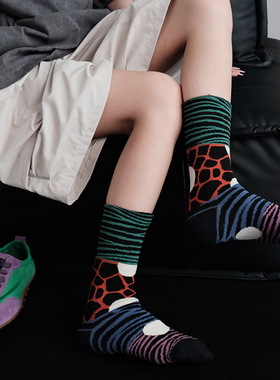ZeroG 新品初秋彩色斑马条纹拼色碰撞独立小众设计复古中筒袜子女
