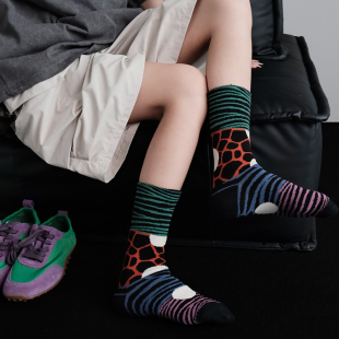 ZeroG 初秋彩色斑马条纹拼色碰撞独立小众设计复古中筒袜子女 新品