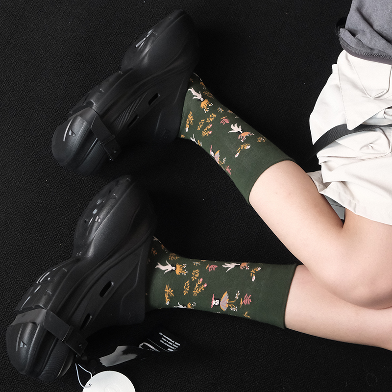 ZeroG 新品初秋植物花卉复古云杉曼德拉克法式提花欧美中筒袜DF