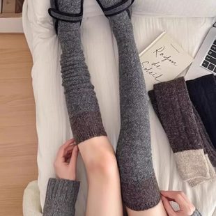 2025冬季 羊毛过膝长筒袜女拼色压力保暖加厚美腿护膝发热大腿袜DF