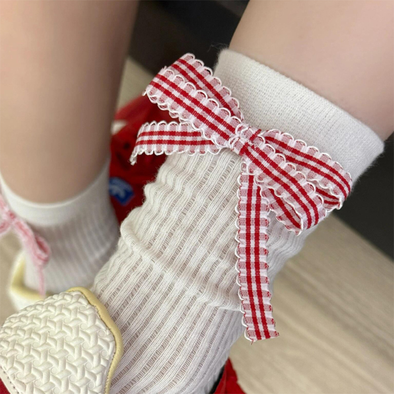 2双装 夏季纯色条纹网眼薄格纹飘带蝴蝶结中筒袜可堆甜美少女