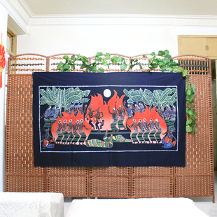 佤族欢歌云南风情特色装饰画手工蜡染画火把节餐厅酒吧背景布艺画