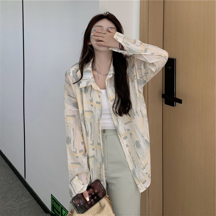 大码胖mm扎染衬衫女夏季长袖薄款2025新款宽松雪纺别致防嗮衫上衣