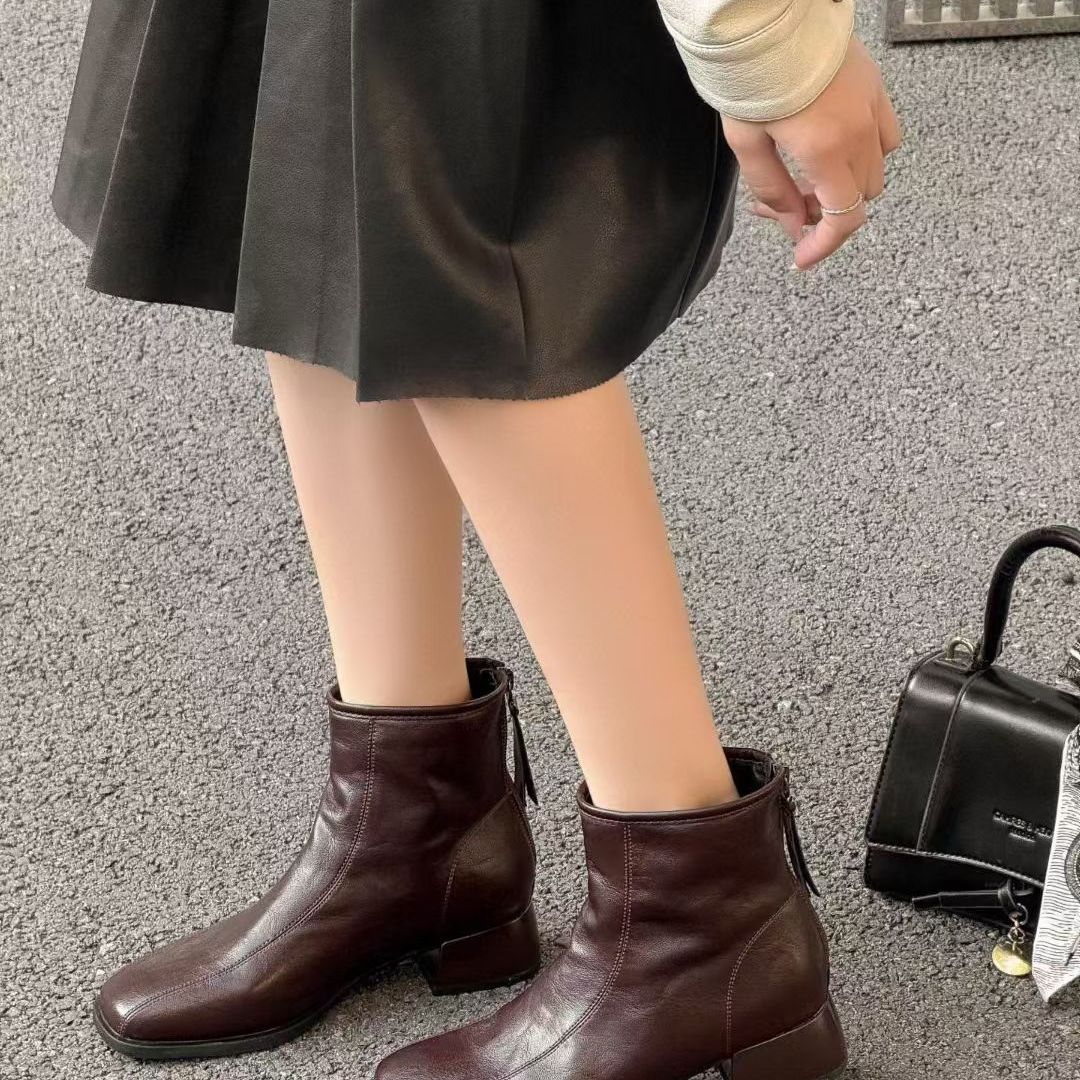 艾小象后拉链软皮简约切尔西靴女