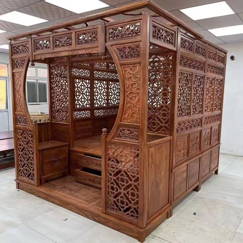 中式实木拔步床雕花踏步架子床