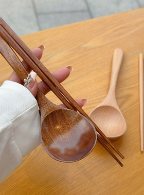 日式木头勺子筷子家用吃饭长柄大号榉木勺吃播干饭嗦粉拌饭汤勺子