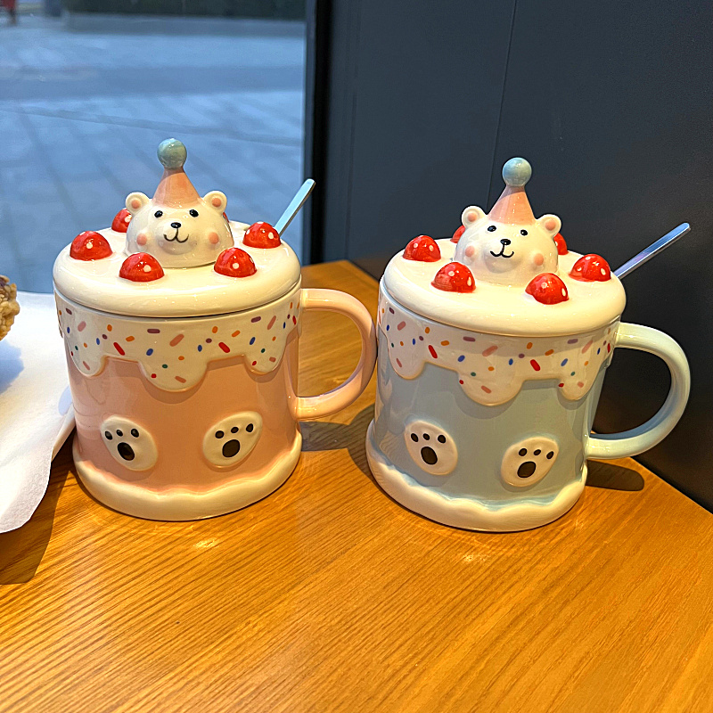 可爱卡通陶瓷水杯子带盖勺