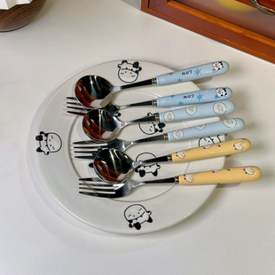 陶瓷手柄不锈钢动物叉子勺子创意设计家用餐厅甜品叉勺高颜值卡通