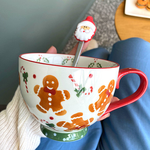 卡通风姜饼人麦片碗带手柄早餐杯