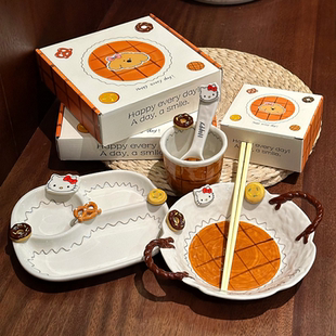 可爱卡通KT陶瓷碗盘子立体浮雕釉下彩餐具杯碟家用送闺蜜乔迁礼物