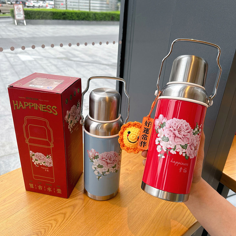 复古手提保温杯304不锈钢港风怀旧老水壶便携大容量保温瓶送礼物