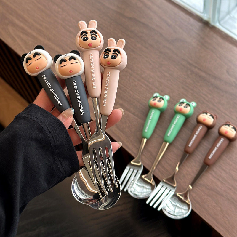 蜡笔小新硅胶手柄不锈钢304叉勺筷套装男女学生吃饭勺子汤勺调羹