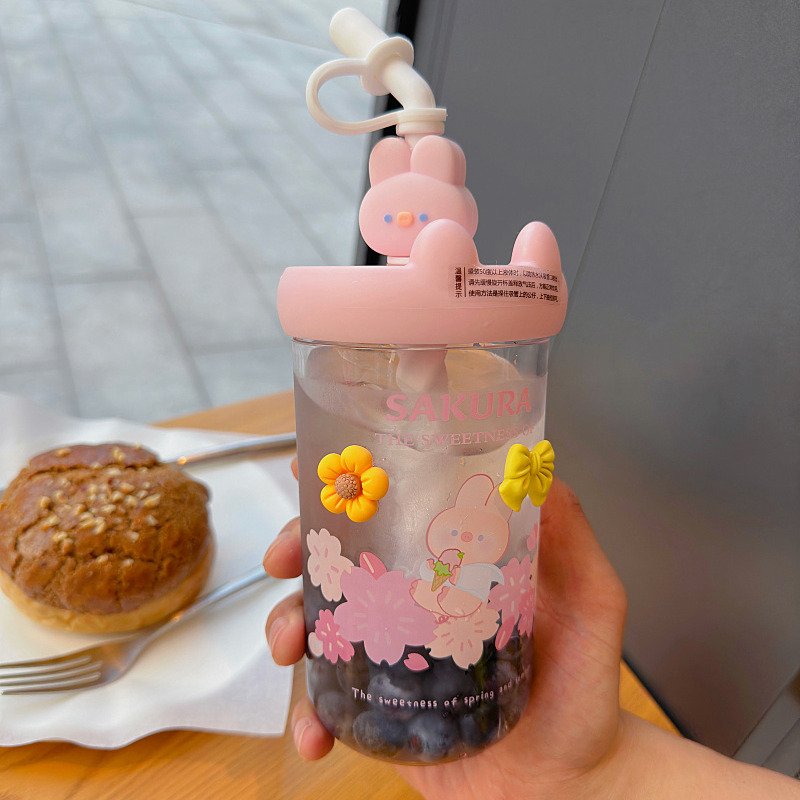 韩式可爱卡通樱花猪猪带吸管搅拌杯蛋白粉奶昔杯子儿童塑料随手杯
