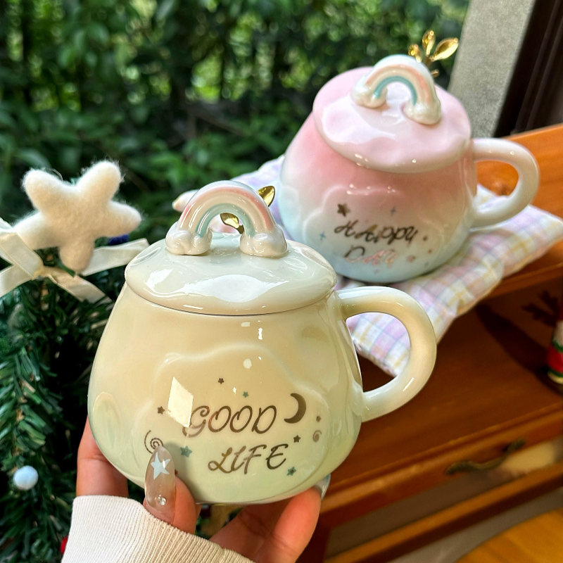 少女心撞色陶瓷带盖马克杯