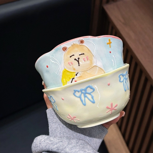 可爱卡通浮雕釉下彩陶瓷米饭碗水果沙拉碗儿童宝宝碗耐高温甜品碗
