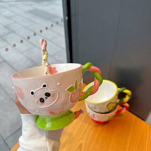 立体手绘浮雕麦片杯陶瓷可爱卡通
