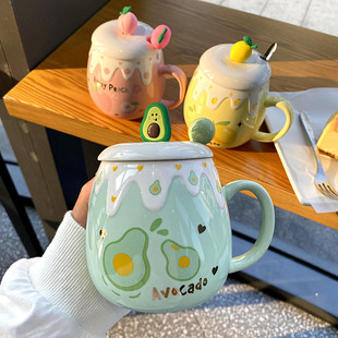 潮帶蓋勺學(xué)生杯子 水杯女辦公室用陶瓷杯可愛水果馬克杯少女心個性