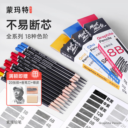 蒙玛特 素描铅笔美术生专用14b16b炭笔速写笔软碳中碳硬碳笔绘画笔6b8b10b2b3b4b2h专业白色高光画画工具套装