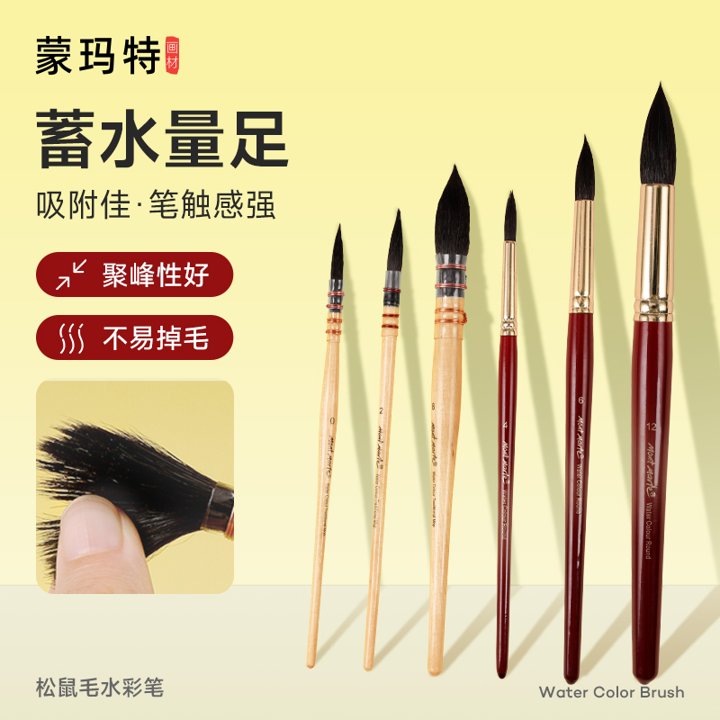 蒙玛特松鼠毛水彩画笔圆头尖头