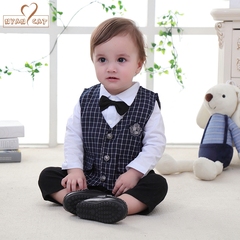 2017新款春装男童长袖假背带黑领结绅士哈衣周岁礼服
