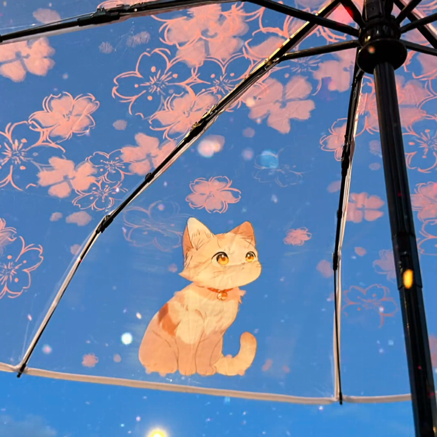 樱花猫咪全自动折叠透明清醒雨伞卡通学生可爱ins简约高颜值女生